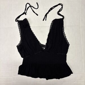 Forever 21 Women's Black Lace Peplum Cami Top Sleeveless Strappy Ruffle Large